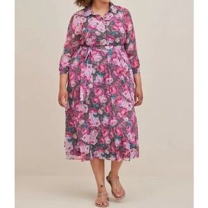Torrid Maxi Woven Shirt Dress Rose Floral Grey Pink Metallic Pockets Size 2X